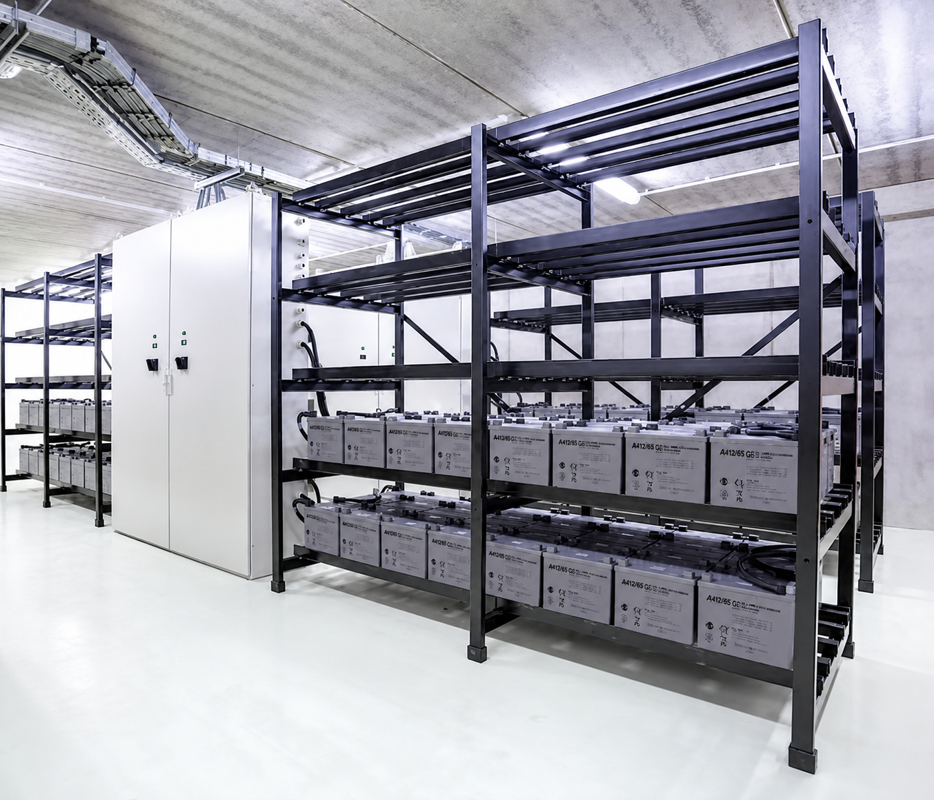 Industrial battery bank installed on organised multi-tier battery racks