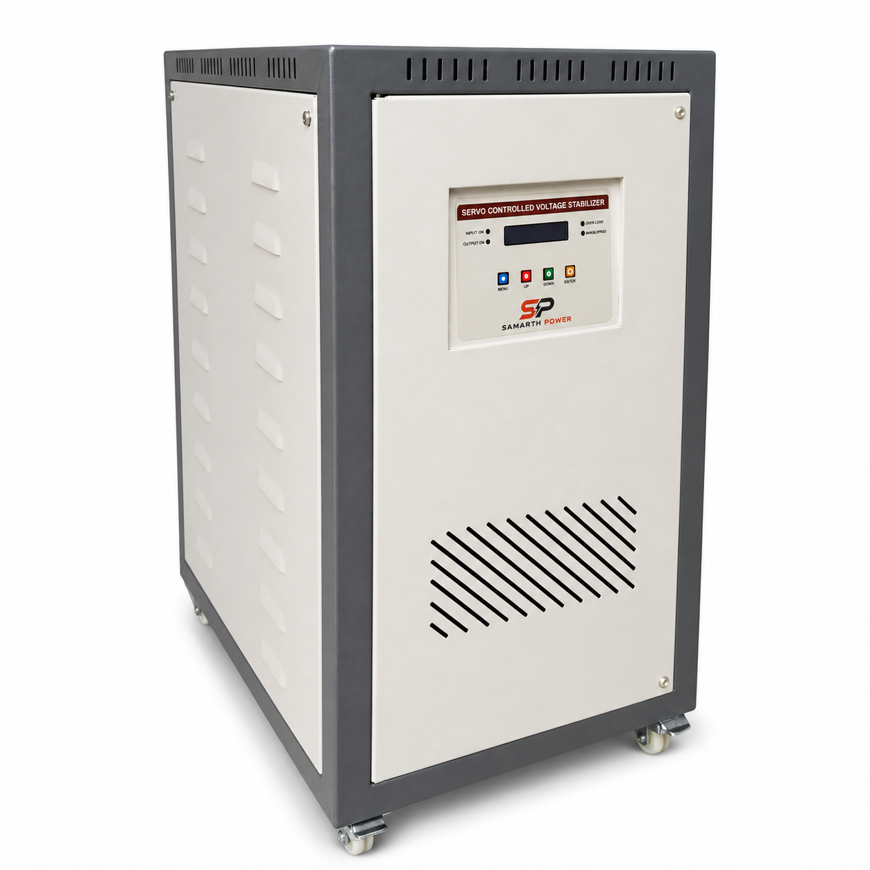 Samarth Power Solutions servo-controlled voltage stabilizer in white and grey cabinet